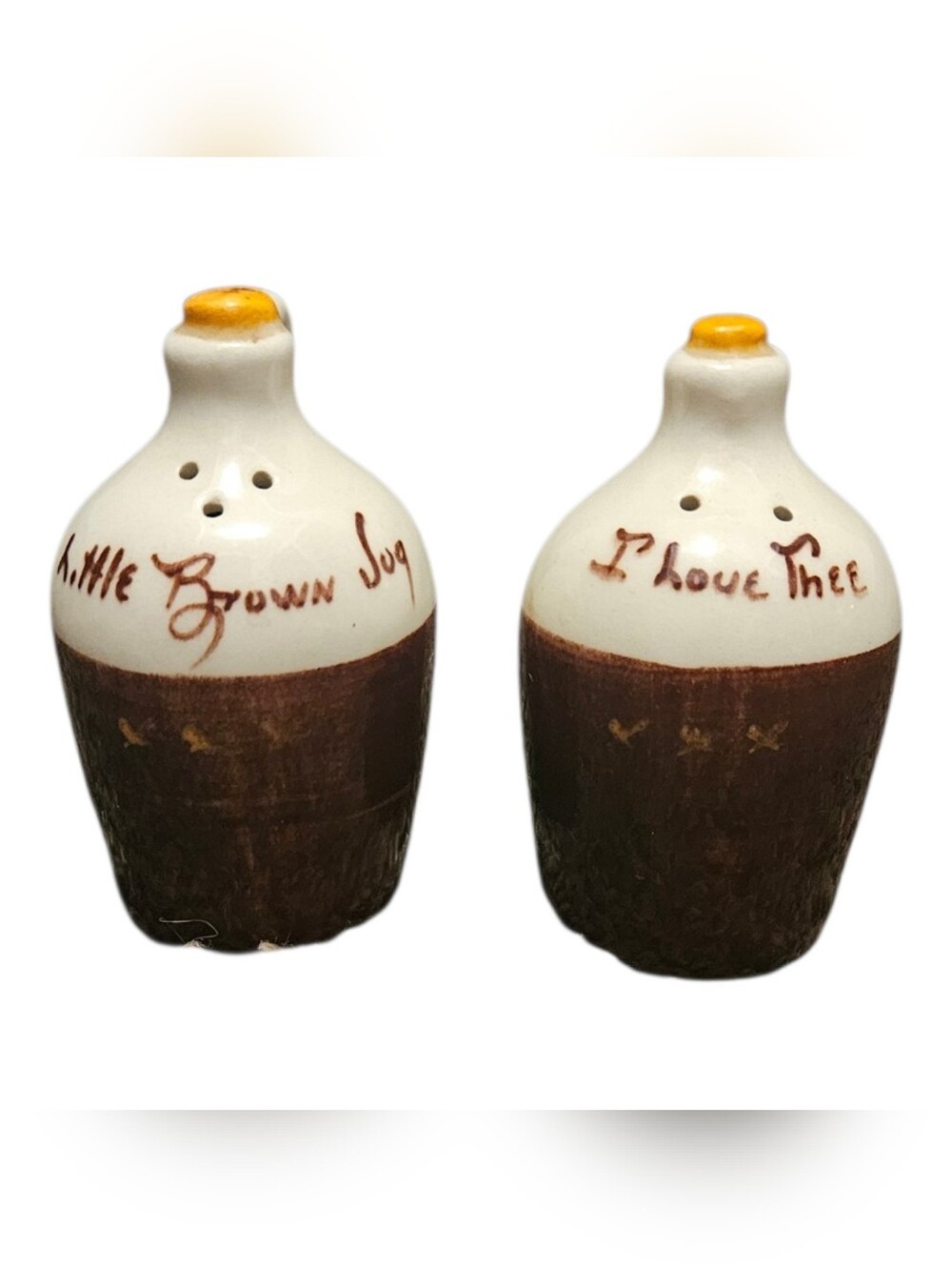 Vintage Moonshine Little Brown Jug I Love Thee Stoneware Salt & Pepper Shakers